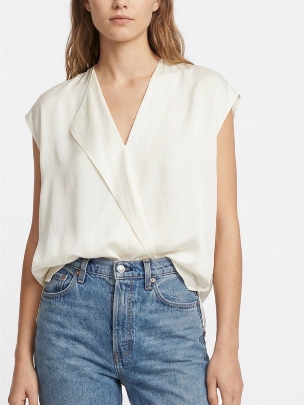 Vince Cream Draped V-Neck Cap Sleeve Blouse Silk Blend - XS